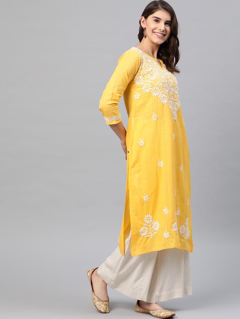 ada hand-embroidered yellow cotton straight kurta - 17529409 -  Standard Image - 1
