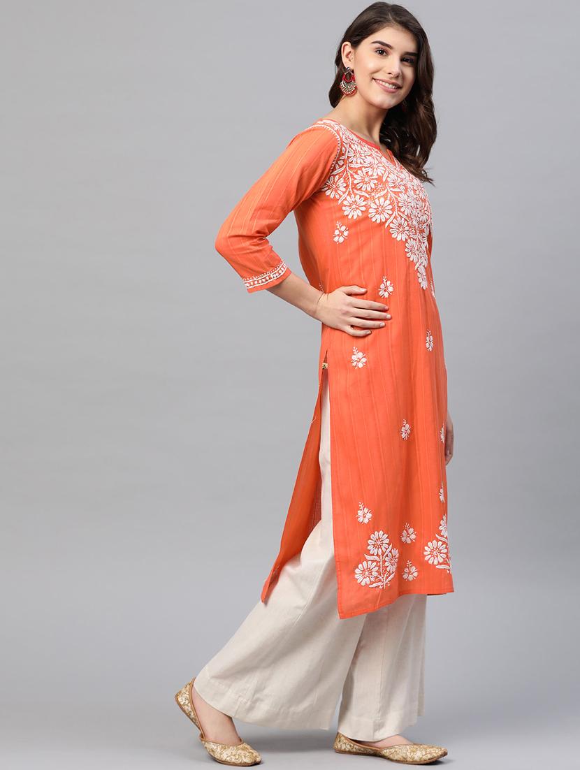ada hand-embroidered coral orange  cotton straight kurta - 17529410 -  Standard Image - 1