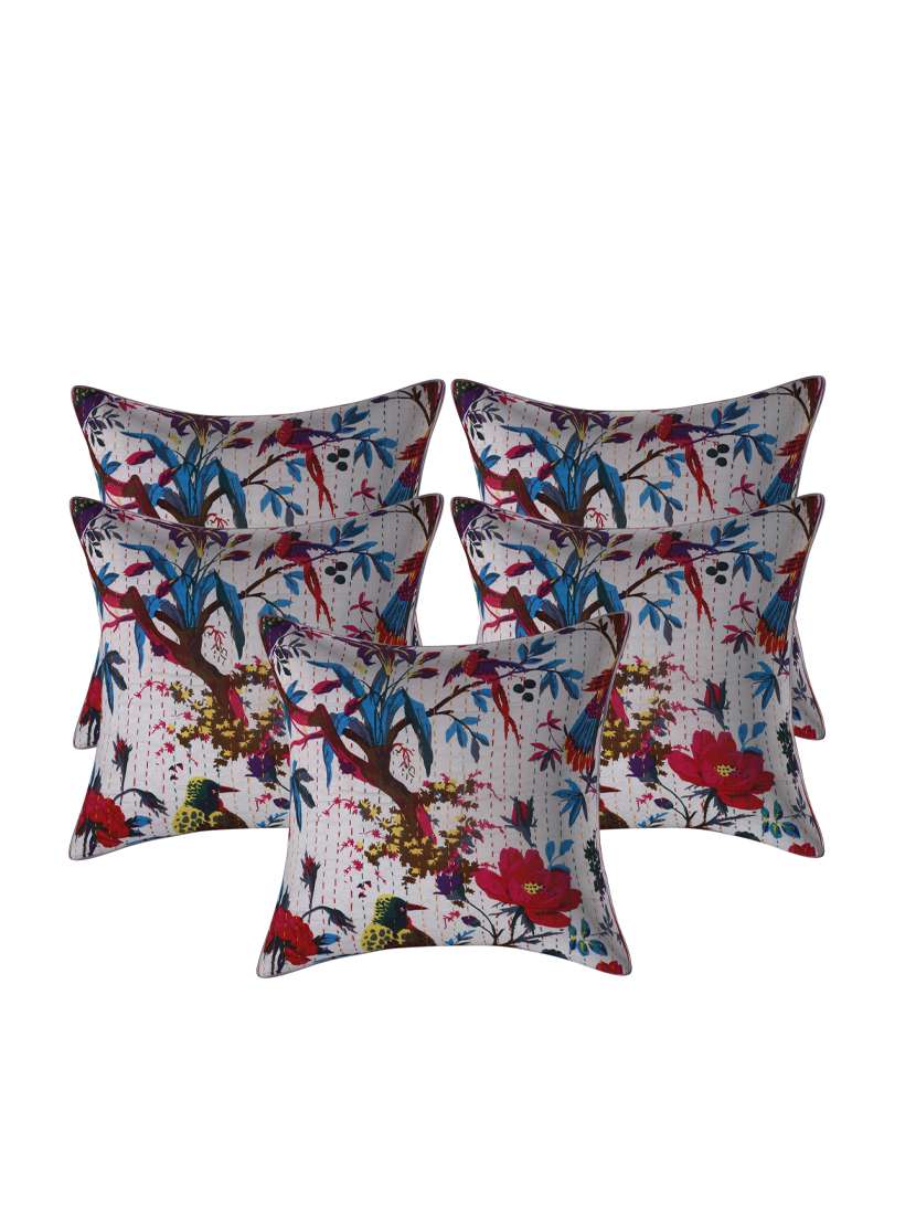 indhome life pure cotton 16x16 inches kantha work cushion cover set of 5