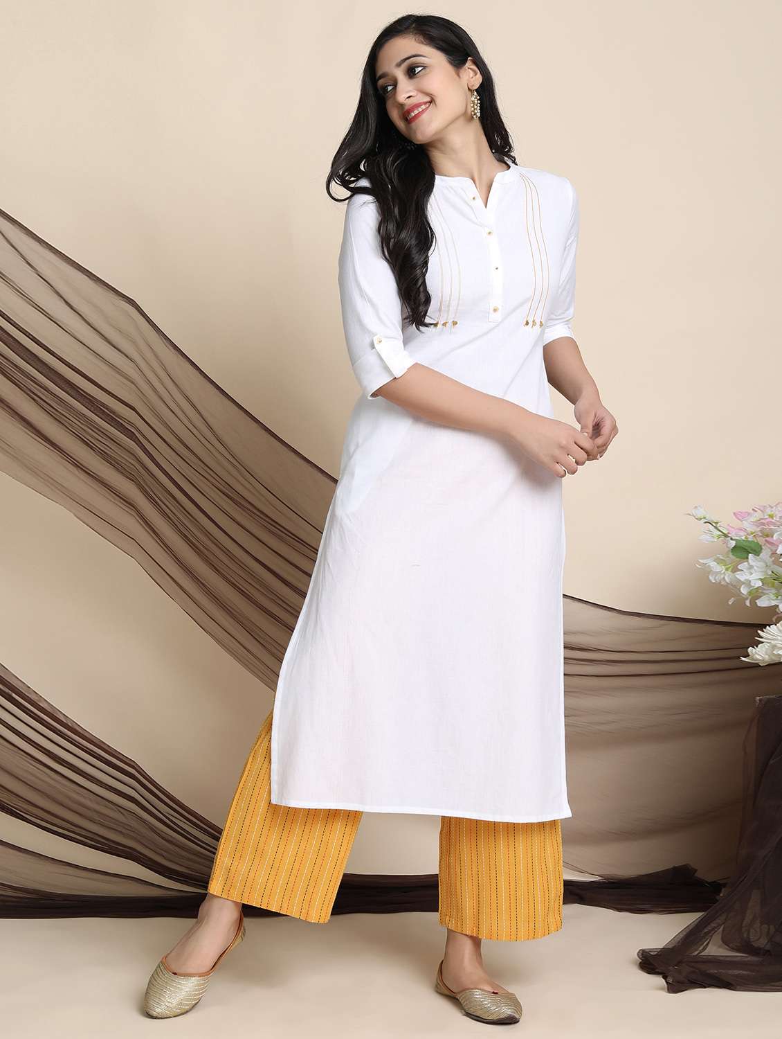 white cotton blend kurta palazzo  set