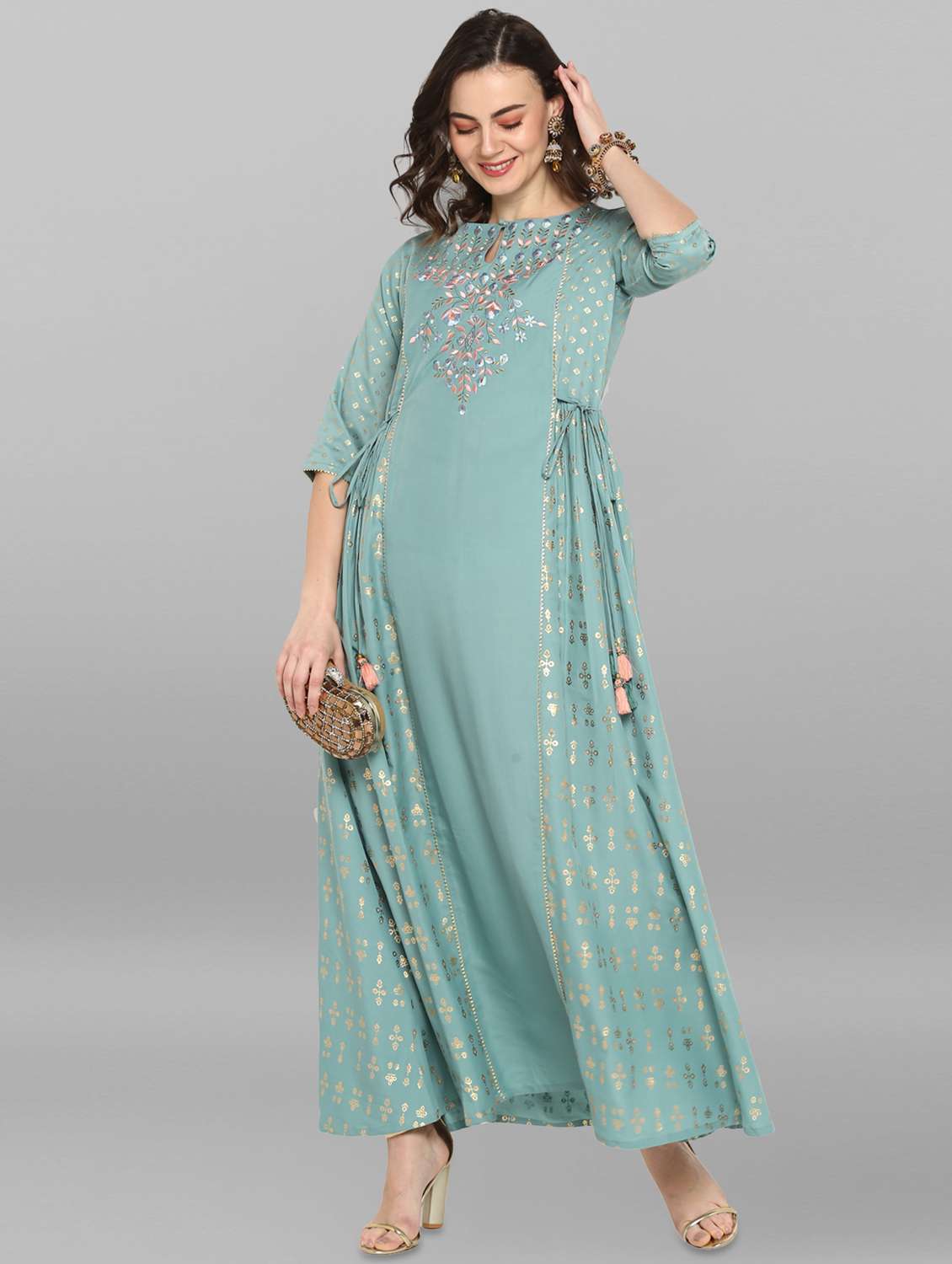 foil print a-line ethnic dress