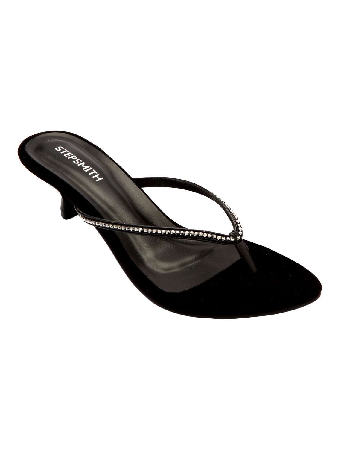 black synthetic slip on sandals
