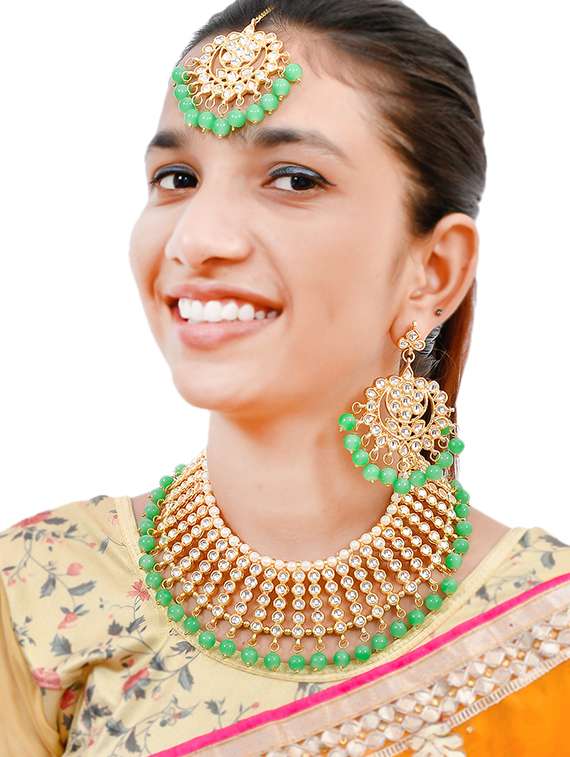  kundan & pearl jadau necklace with earrings and maangtikka - 17540187 -  Standard Image - 4