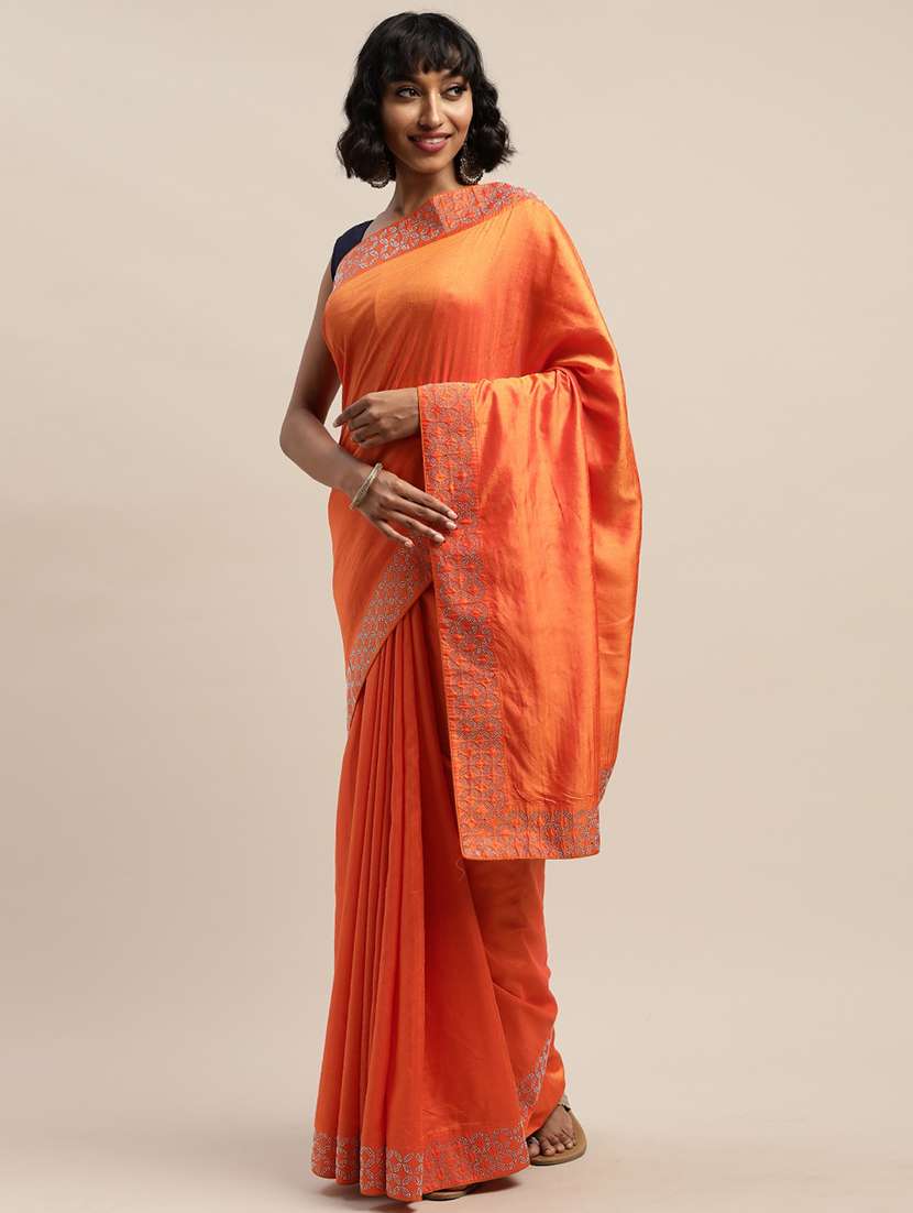 women's bordered orange colored saree with blouse