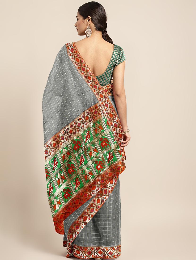 lace detailed checkered saree with blouse - 17541416 - Standard Image - 1