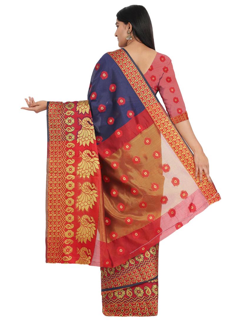 navy cotton blend banarasi saree with blouse - 17545827 - Standard Image - 1