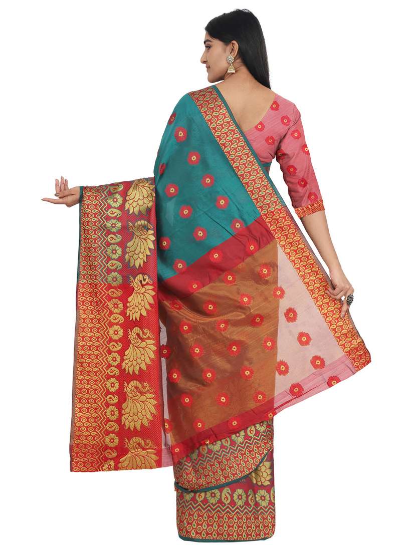 turquoise cotton blend banarasi saree with blouse - 17545830 -  Standard Image - 1