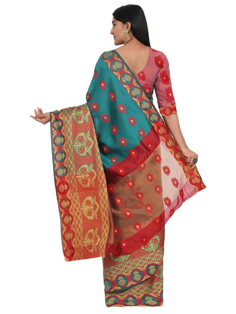 turquoise cotton blend banarasi saree with blouse - 17545858 -  Standard Image - 1