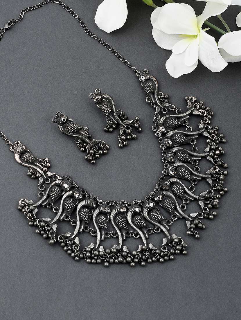 Oxidized Silver Plated Necklace With Earrings