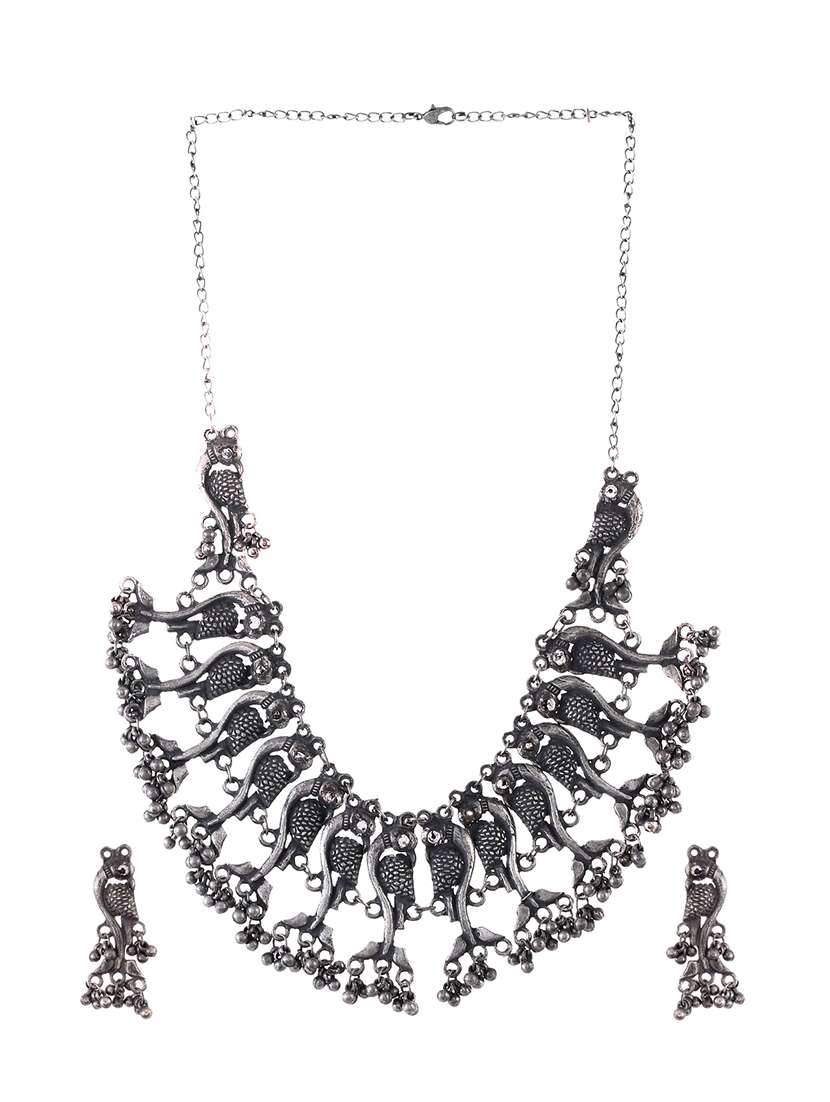 Oxidized Silver Plated Necklace With Earrings