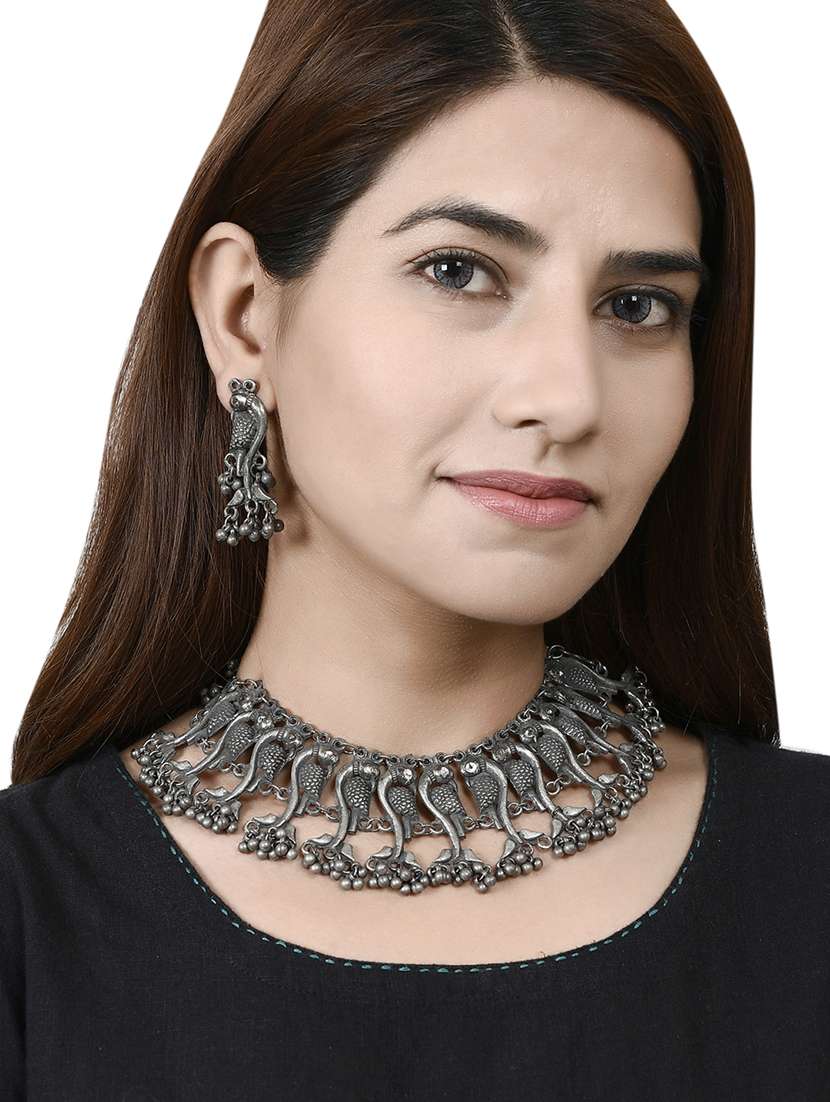 Oxidized Silver Plated Necklace With Earrings