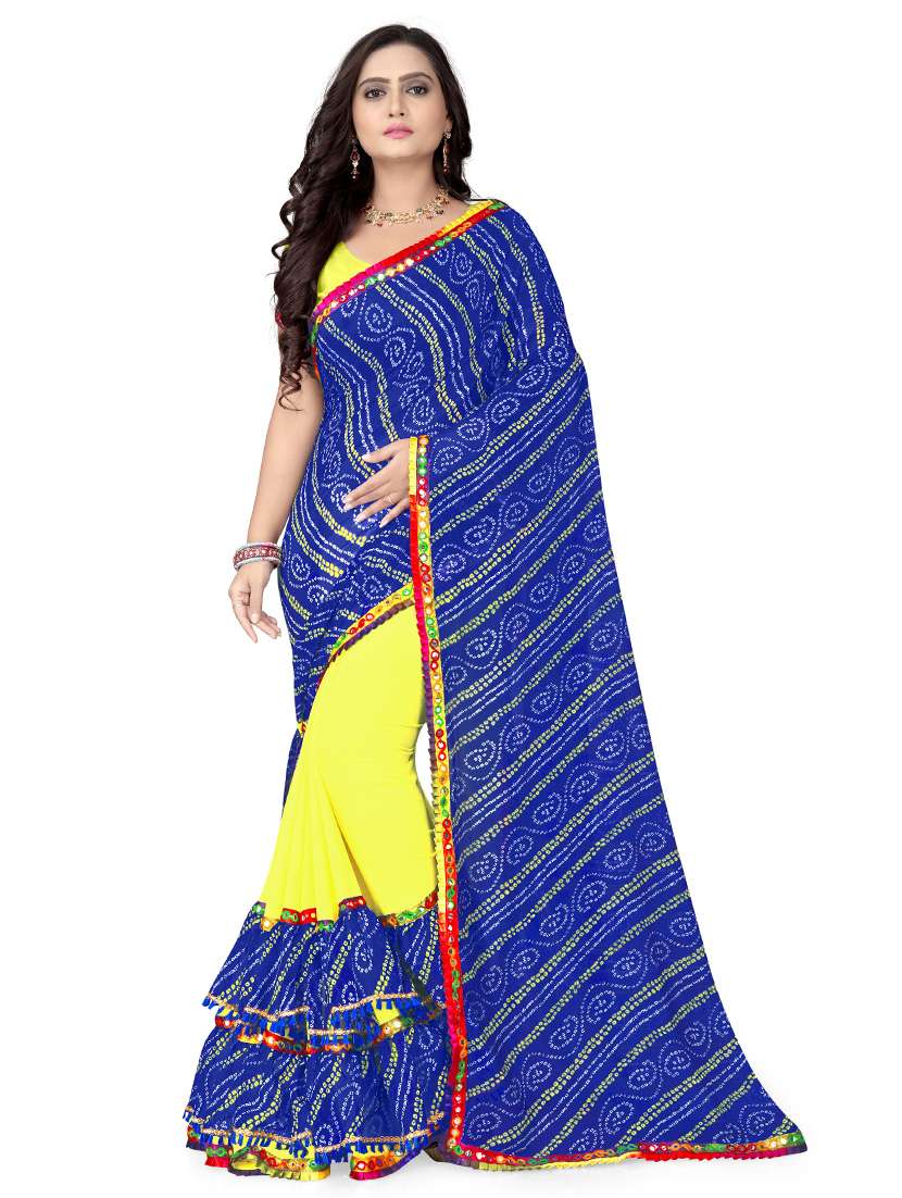 women's color block royal blue colored saree with blouse