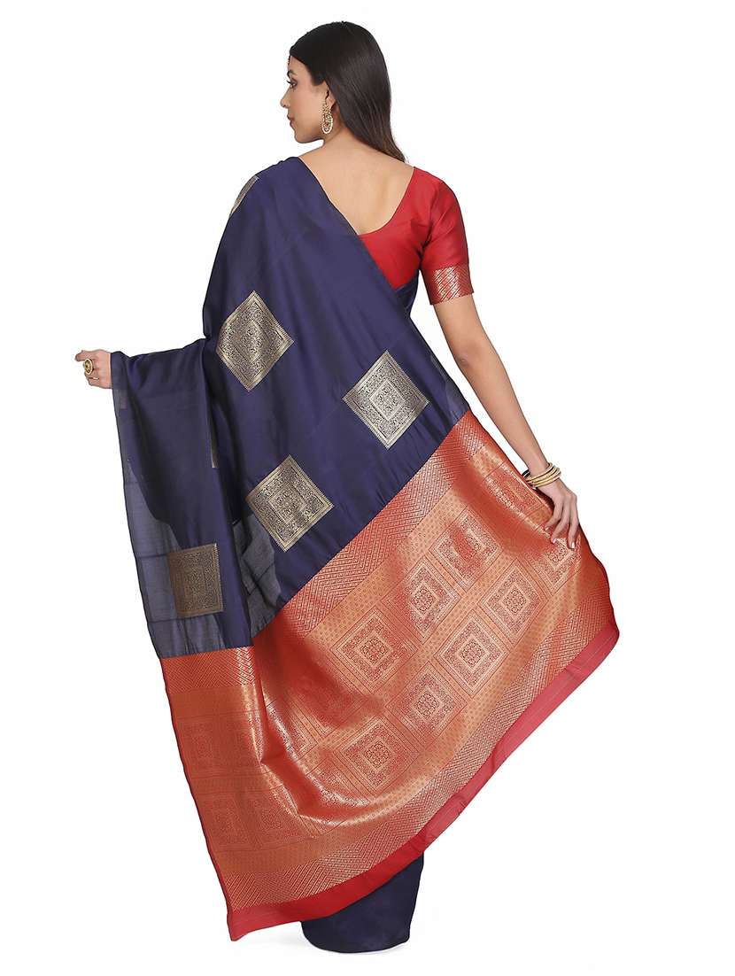 navy cotton silk banarasi saree with blouse - 17547446 - Standard Image - 1