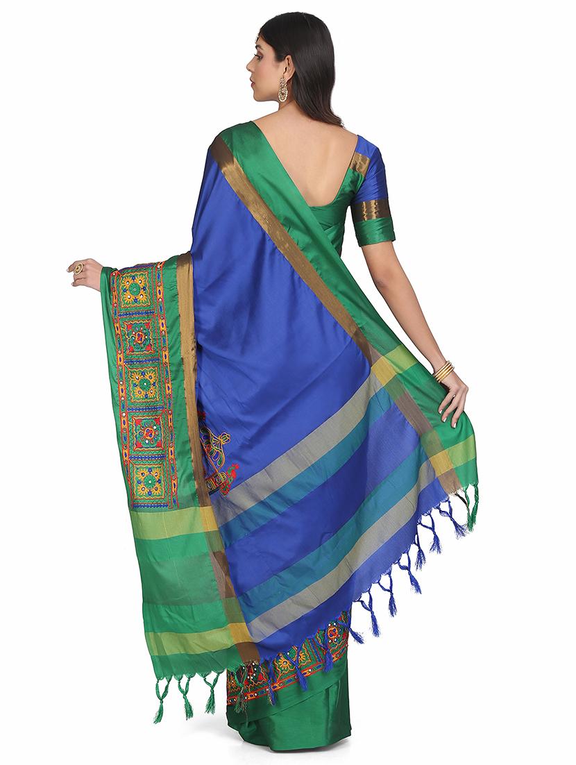 navy cotton silk embroidered saree with blouse - 17547461 -  Standard Image - 1