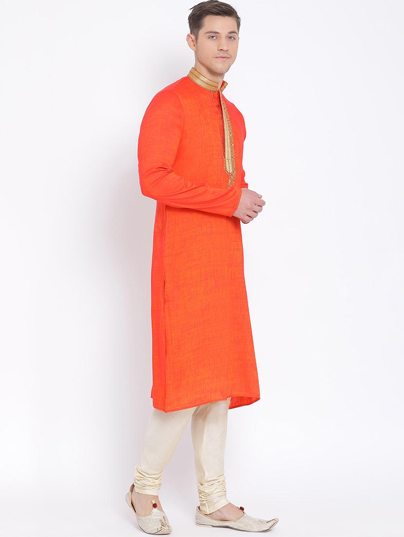 orange solid long kurta with embroidered neckline - 17547652 - Standard Image - 1