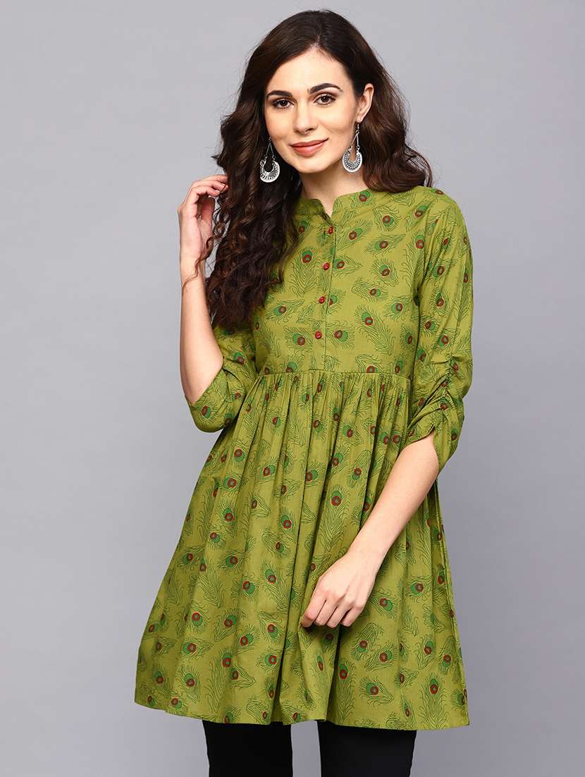 green printed mandarin neck tunic 