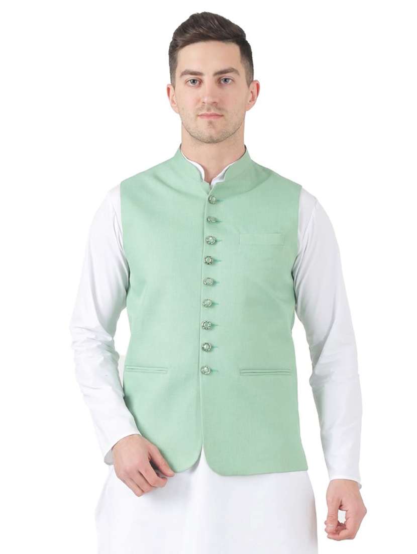 green solid nehru jacket