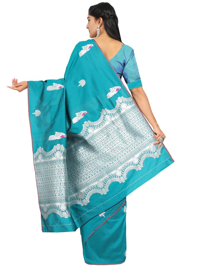 turquoise silk blend banarasi saree with blouse - 17553895 - Standard Image - 1