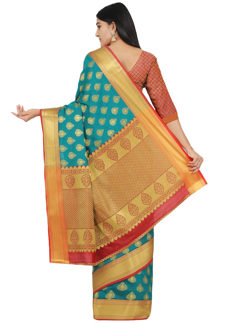 turquoise silk blend banarasi saree with blouse - 17553912 - Standard Image - 1