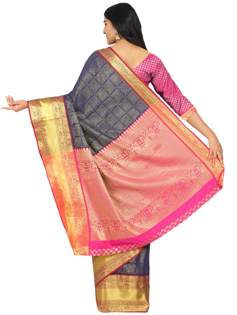 navy silk blend banarasi saree with blouse - 17553929 - Standard Image - 1