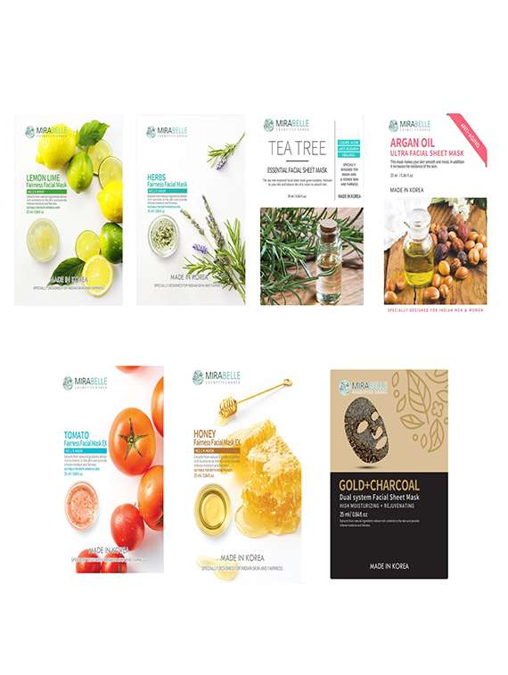 mirabelle shiny skin facial sheet masks combo pack of 7