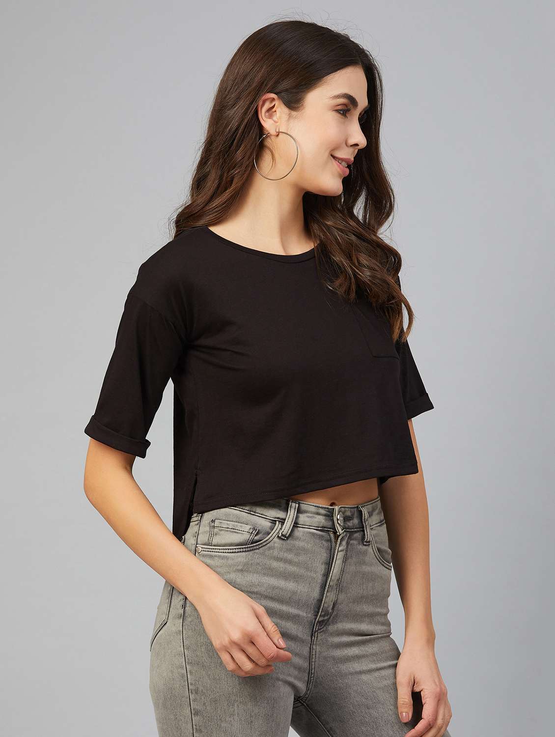 Round Neck Solid Crop Tee