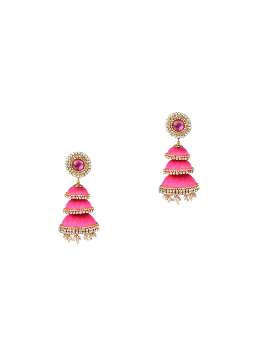 pink cotton blend jhumka earring
