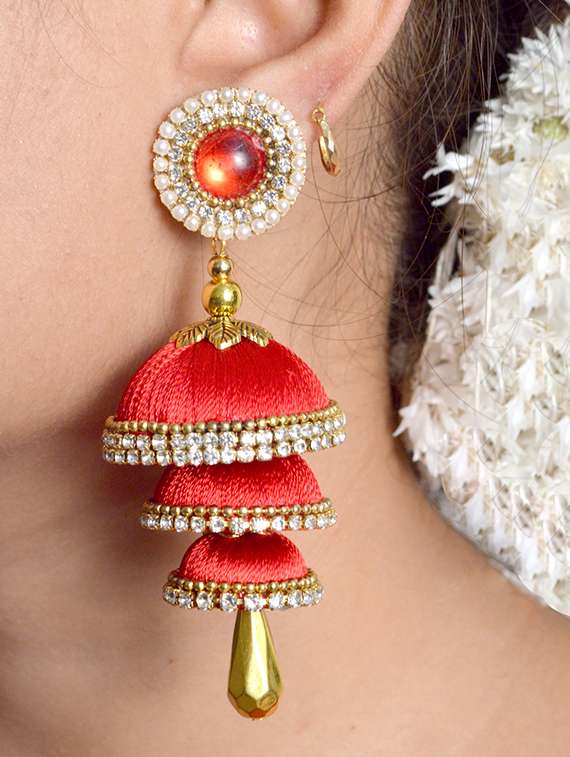 red cotton blend jhumka earring