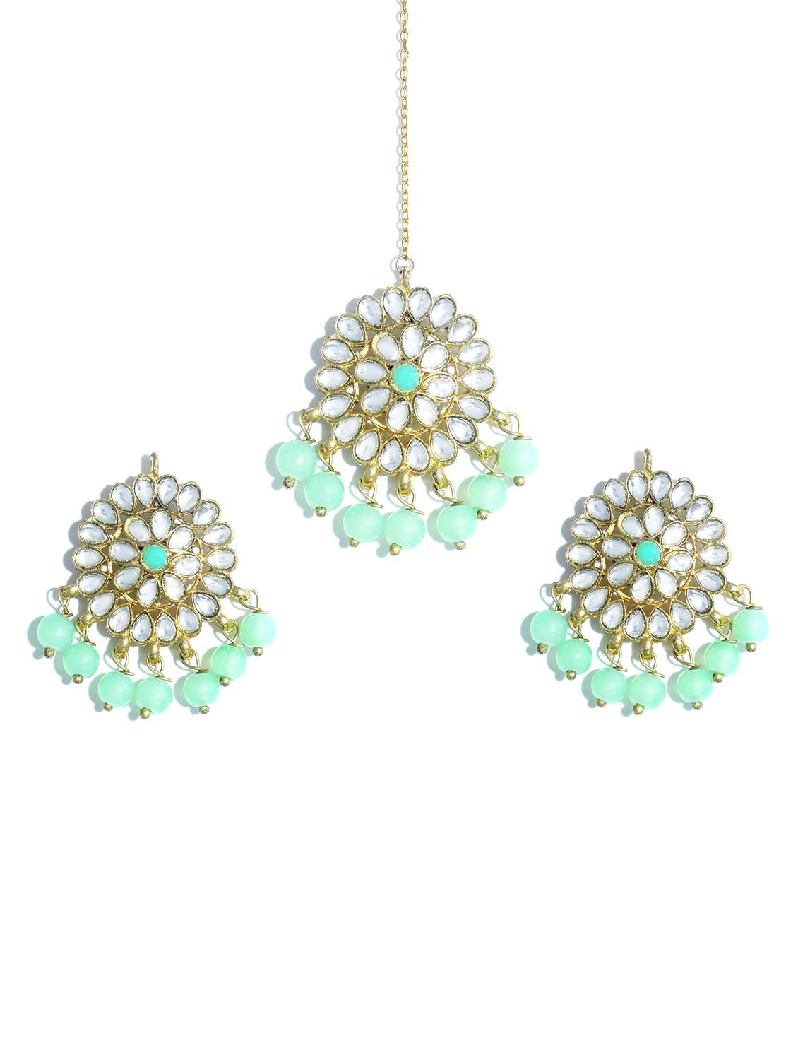 green metal maang teeka with earring set - 17562776 - Standard Image - 1