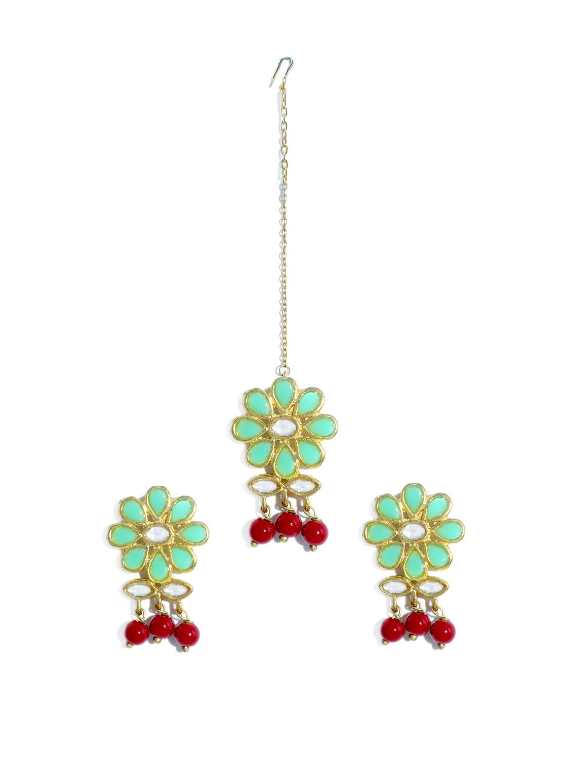 green metal maang teeka with earring set - 17562780 -  Standard Image - 1
