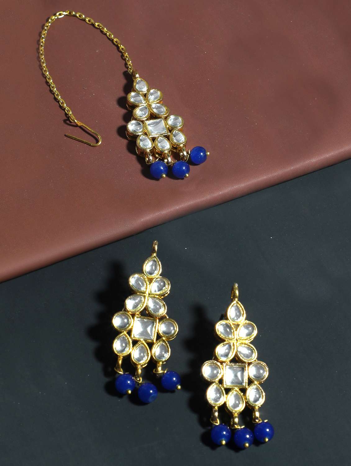 blue metal earing and maang tikka set
