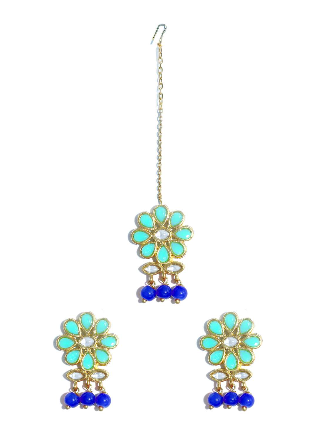 blue metal earring with maang tikka set - 17562796 -  Standard Image - 1