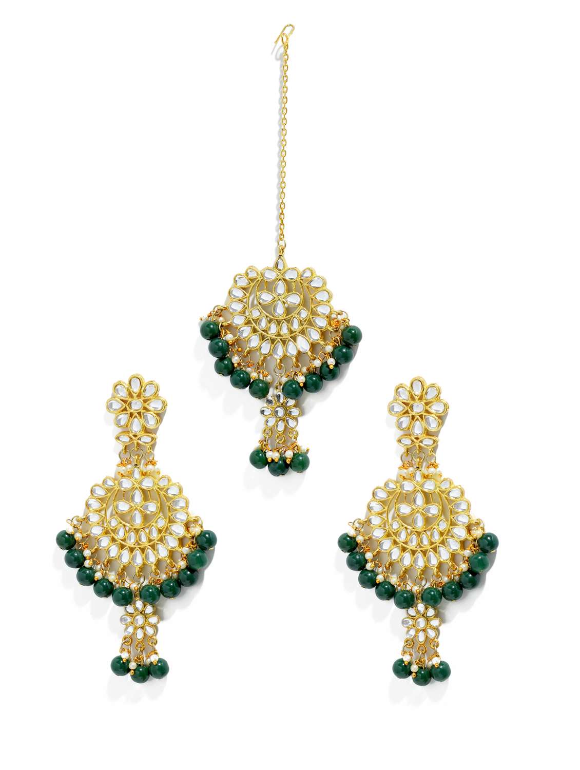 green metal earring and maang tikka set - 17562801 -  Standard Image - 1
