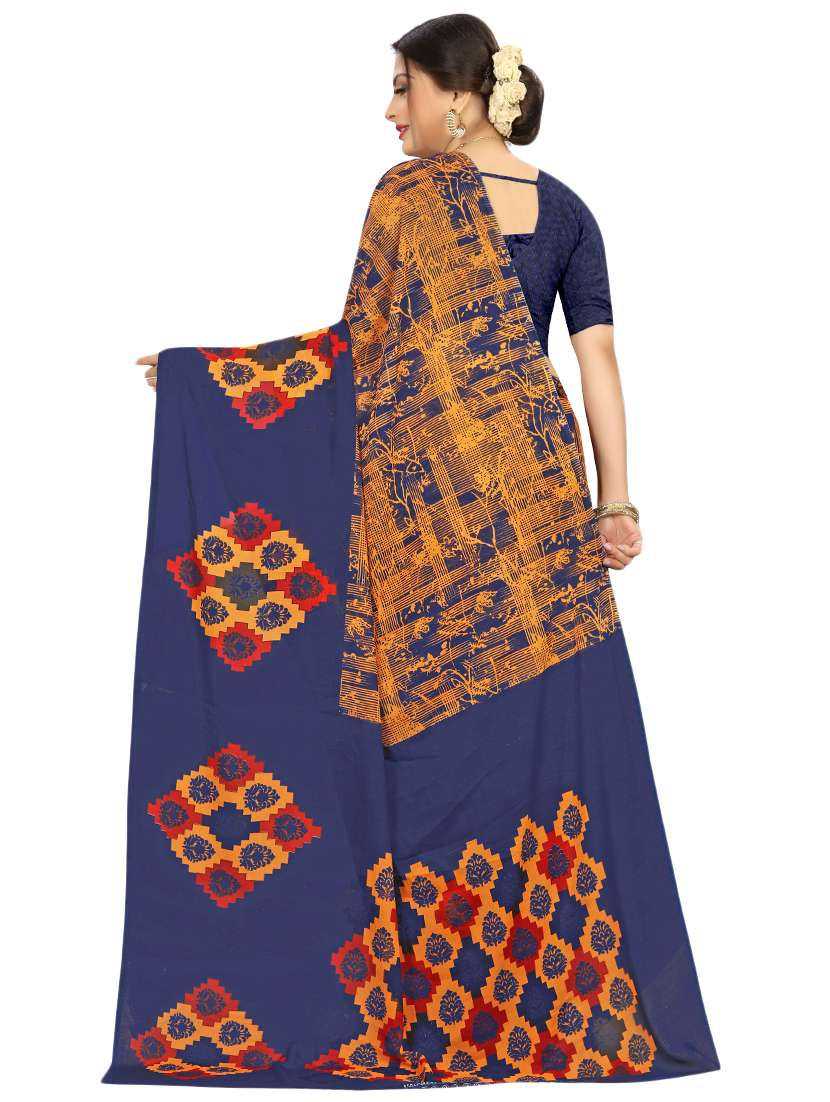 women's geometric navy blue colored saree with blouse - 17563676 -  Standard Image - 1