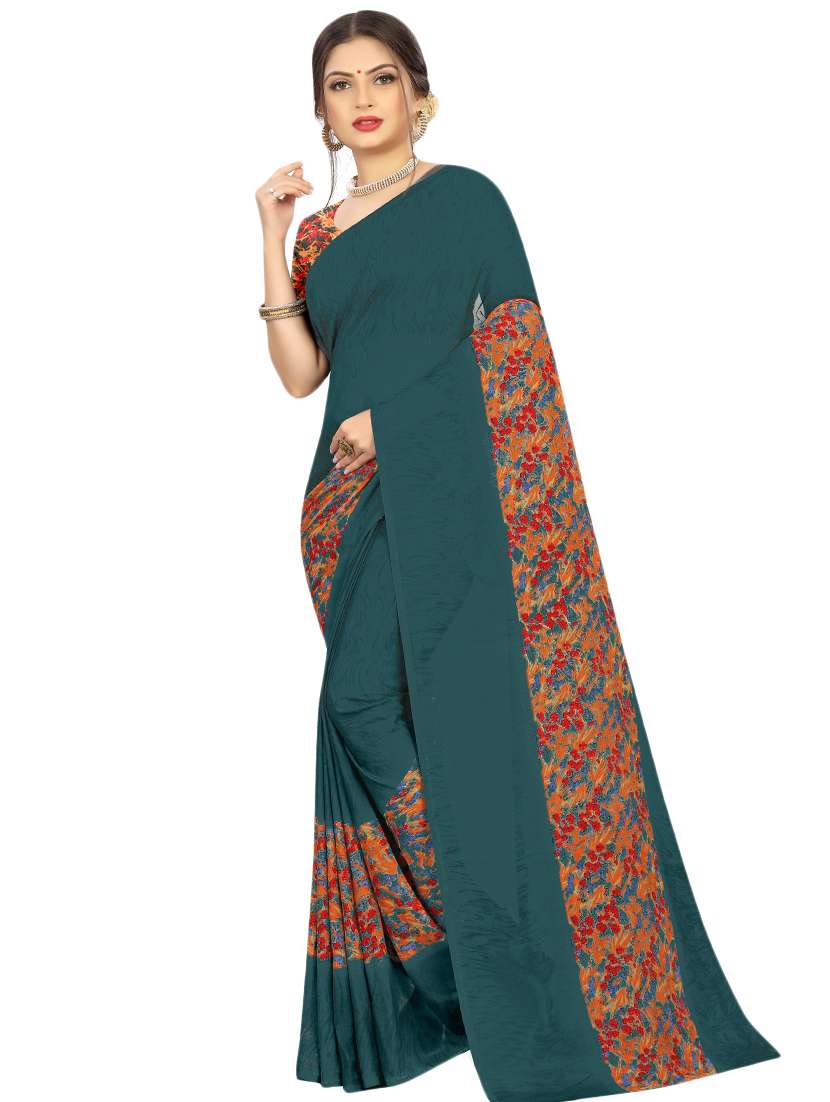 women's floral teal colored saree with blouse