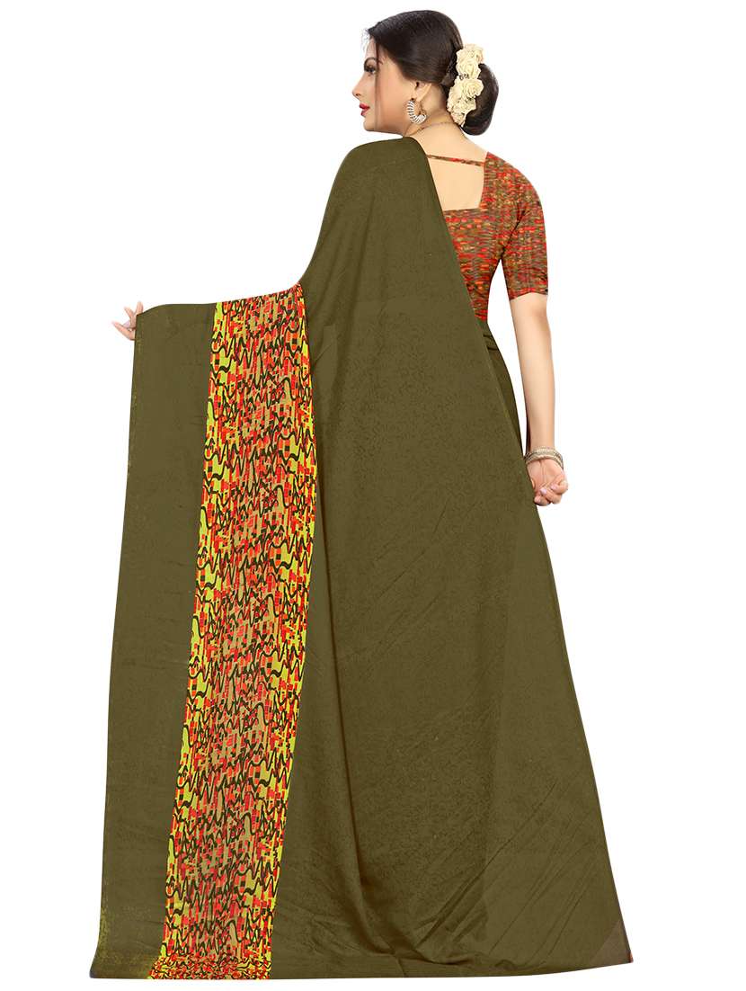 women's printed mehandi colored saree with blouse - 17563805 - Standard Image - 1
