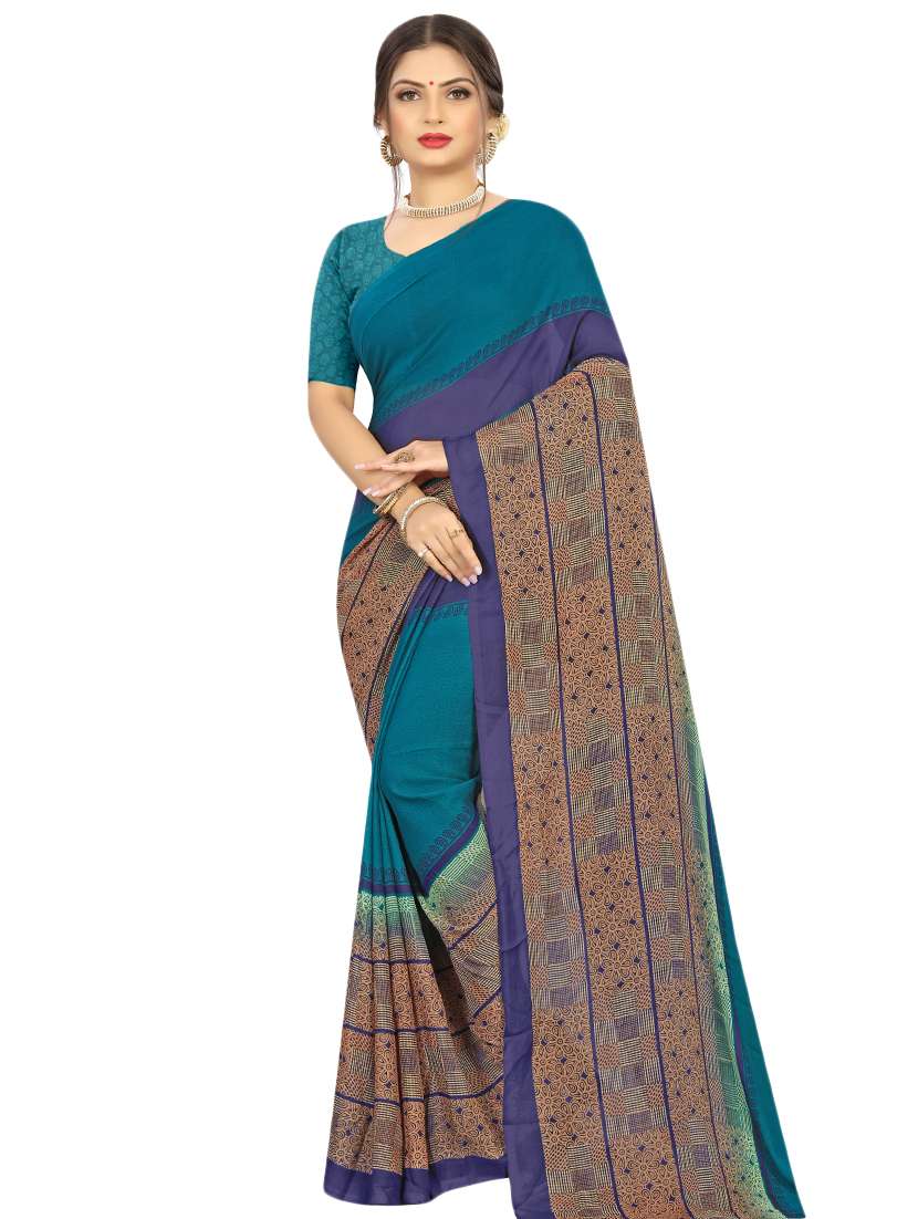 women's printed teal colored saree with blouse - 17563806 - Zoom Image - 0