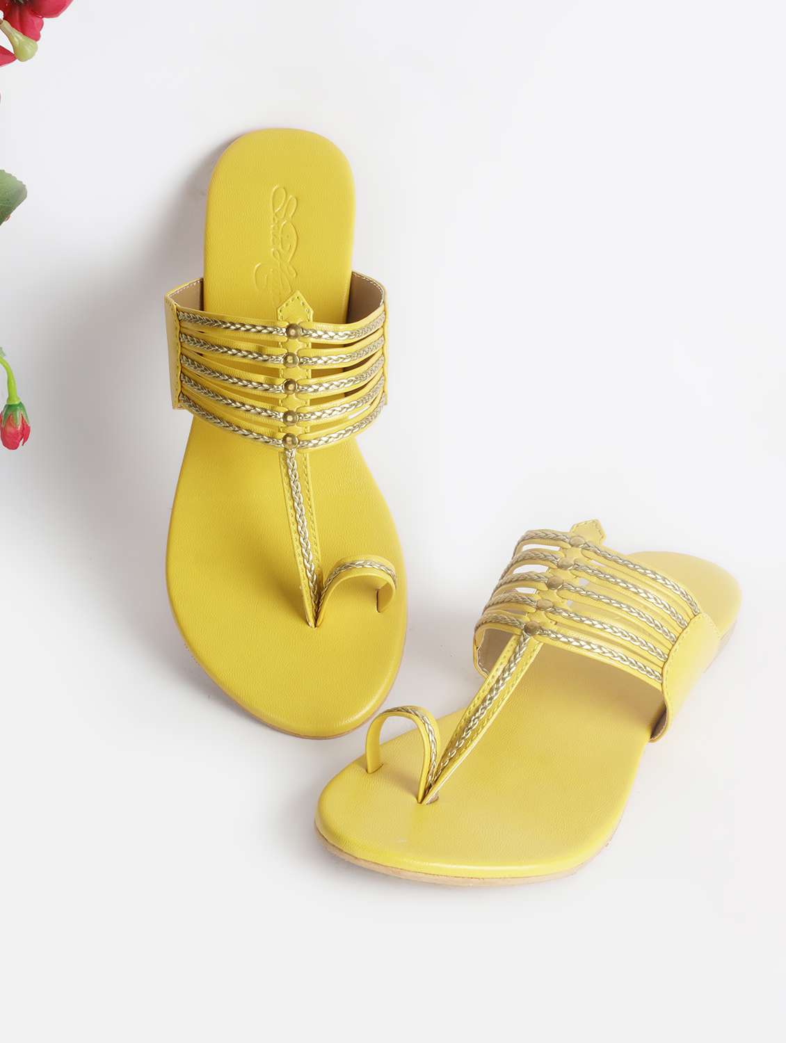 yellow faux leather slip on kolhapuris - 17567124 -  Standard Image - 1