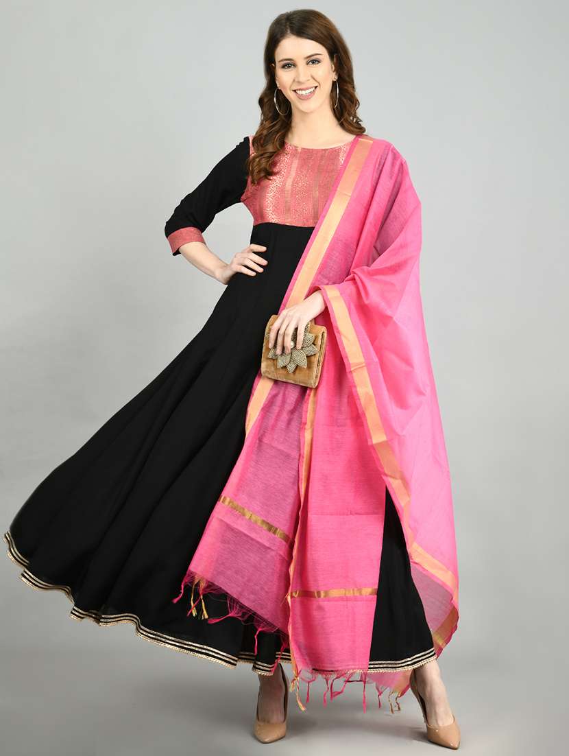 contrast yoke flared kurta dupatta set