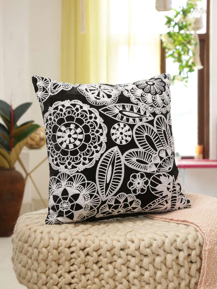 monochrome viscose velvet embroidered cushion cover