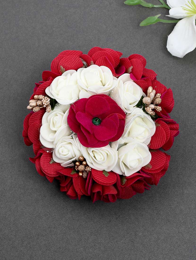 red & white handcrafted beaded floral hair bun cover