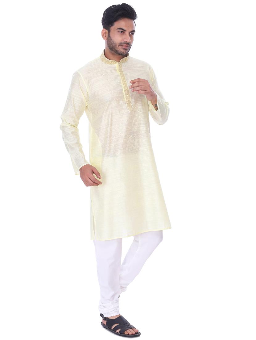 cream solid kurta pyjama set with embroidered neckline - 17569780 - Standard Image - 1