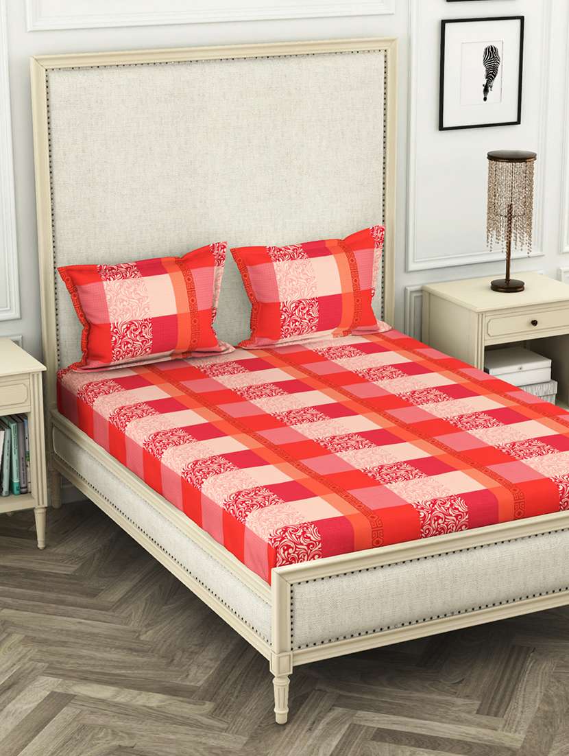 lorena 110tc 100% cotton double bedsheet with 2 pillow cover -soft-finish fabric -3pc set- (castillo) abstract-coral