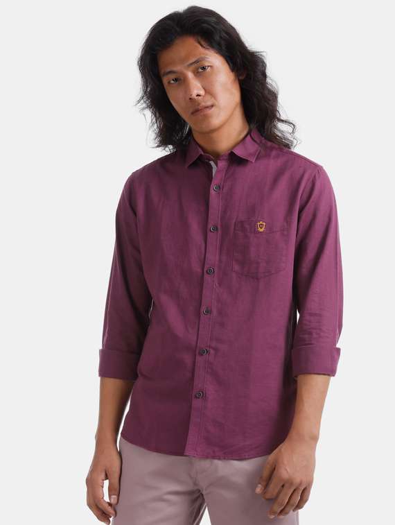 purple solid linen casual shirt