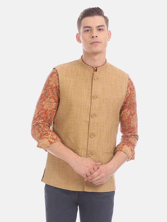 beige solid nehru jacket