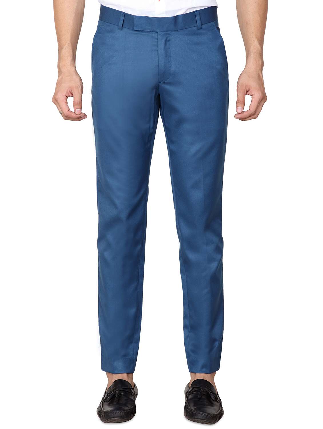 blue solid flat front formal trouser