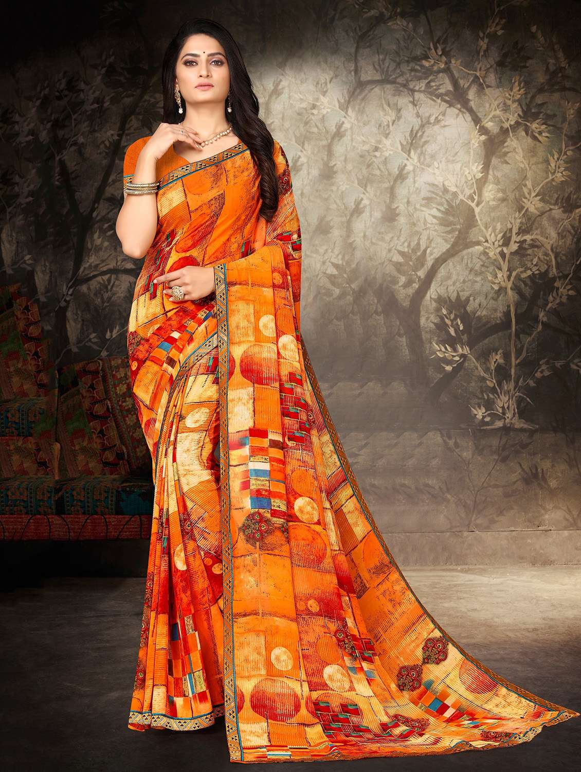 abstract printed saree with blouse
