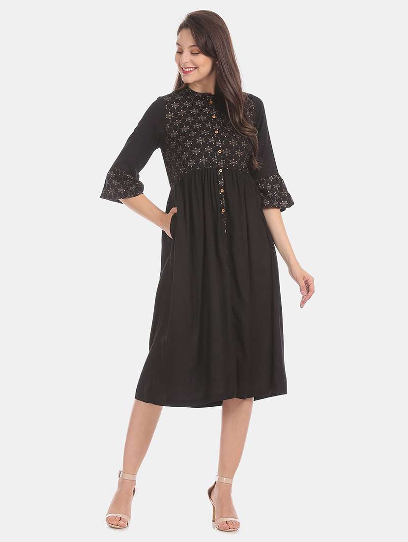 bell sleeved printed a-line dress