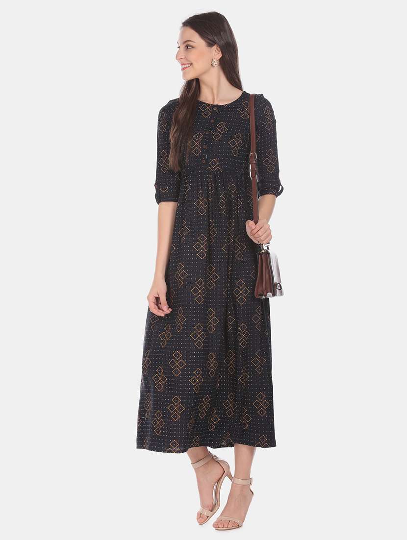 round neck printed a-line fusion dress