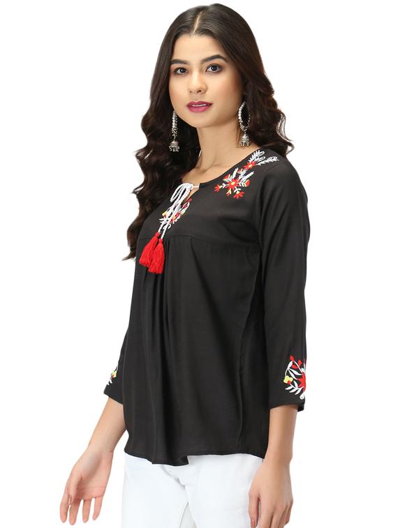 tie up neck embroidered detail top - 17582170 - Standard Image - 1